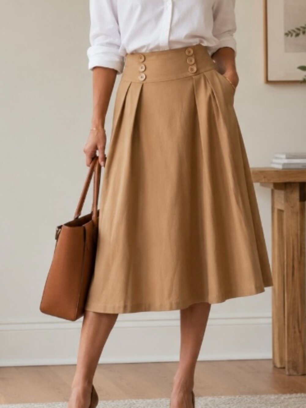 Bella Pogue women's Midi skirt Camel size S pockets classic timeless office